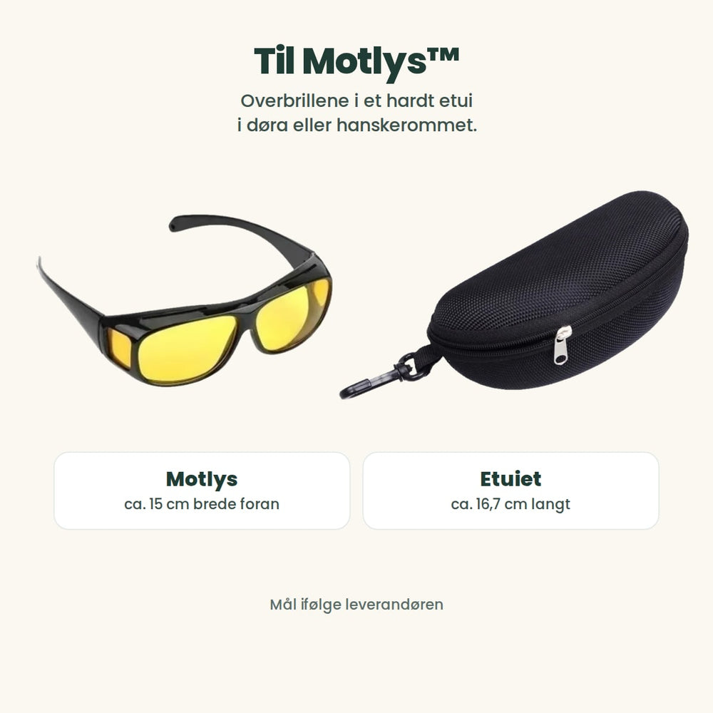 Motlys overbriller ved siden av brilleetuiet