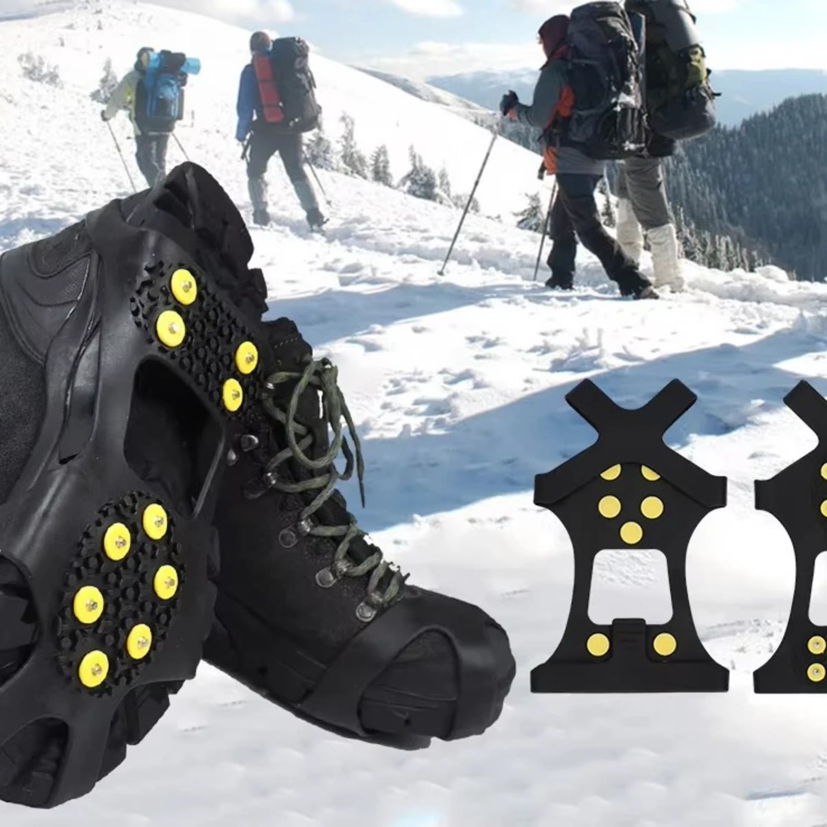 Fjellstøvel med brodder i snøen og et par brodder ved siden av, turgåere i bakgrunnen