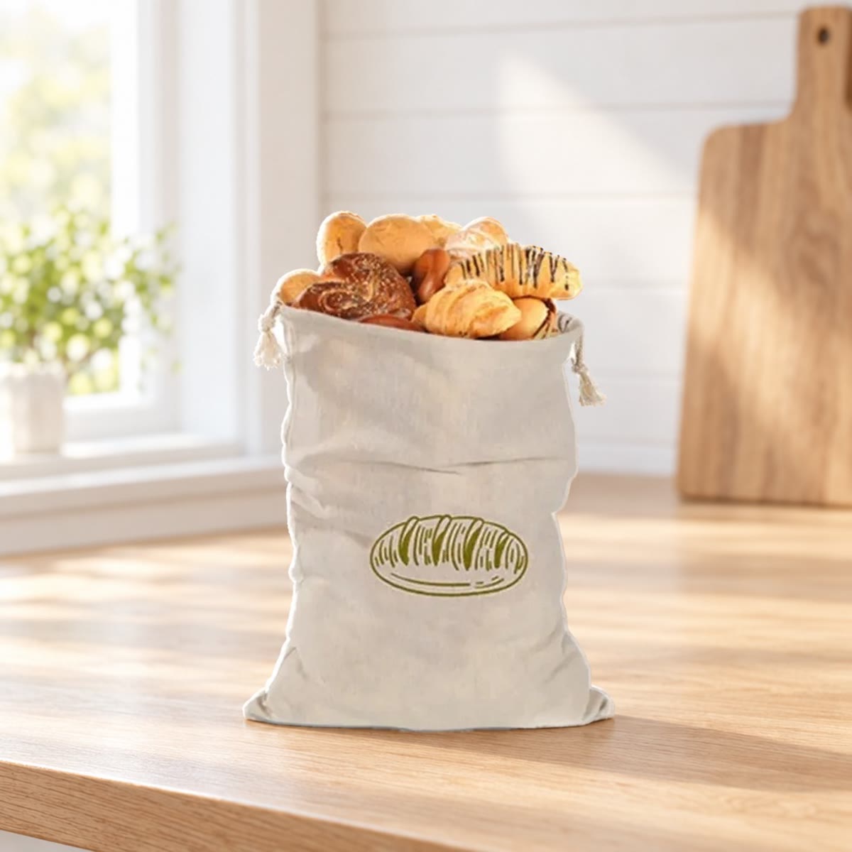 Brødpose i lin med brødmotiv, fylt med brød og wienerbrød, på en kjøkkenbenk av eik ved vinduet
