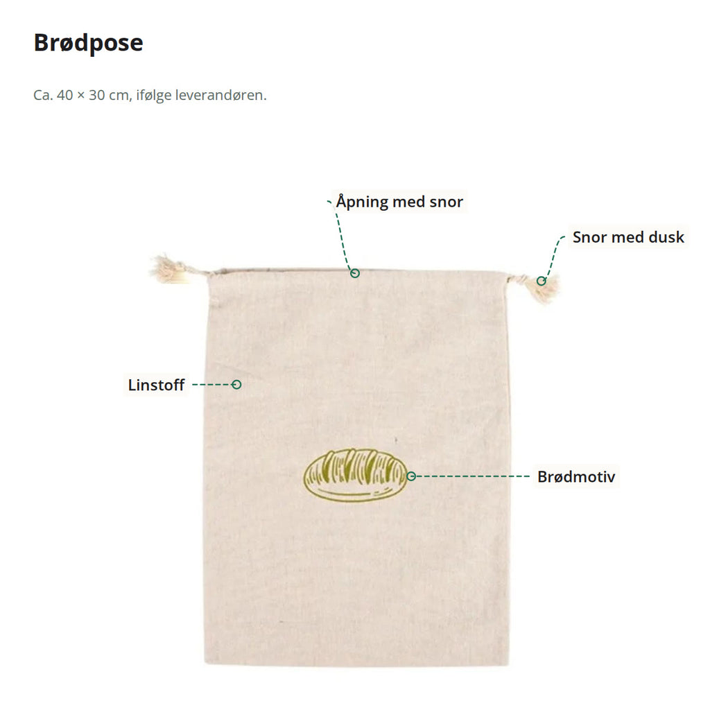 Brødpose merket med snor med dusk, åpning med snor, linstoff og brødmotiv
