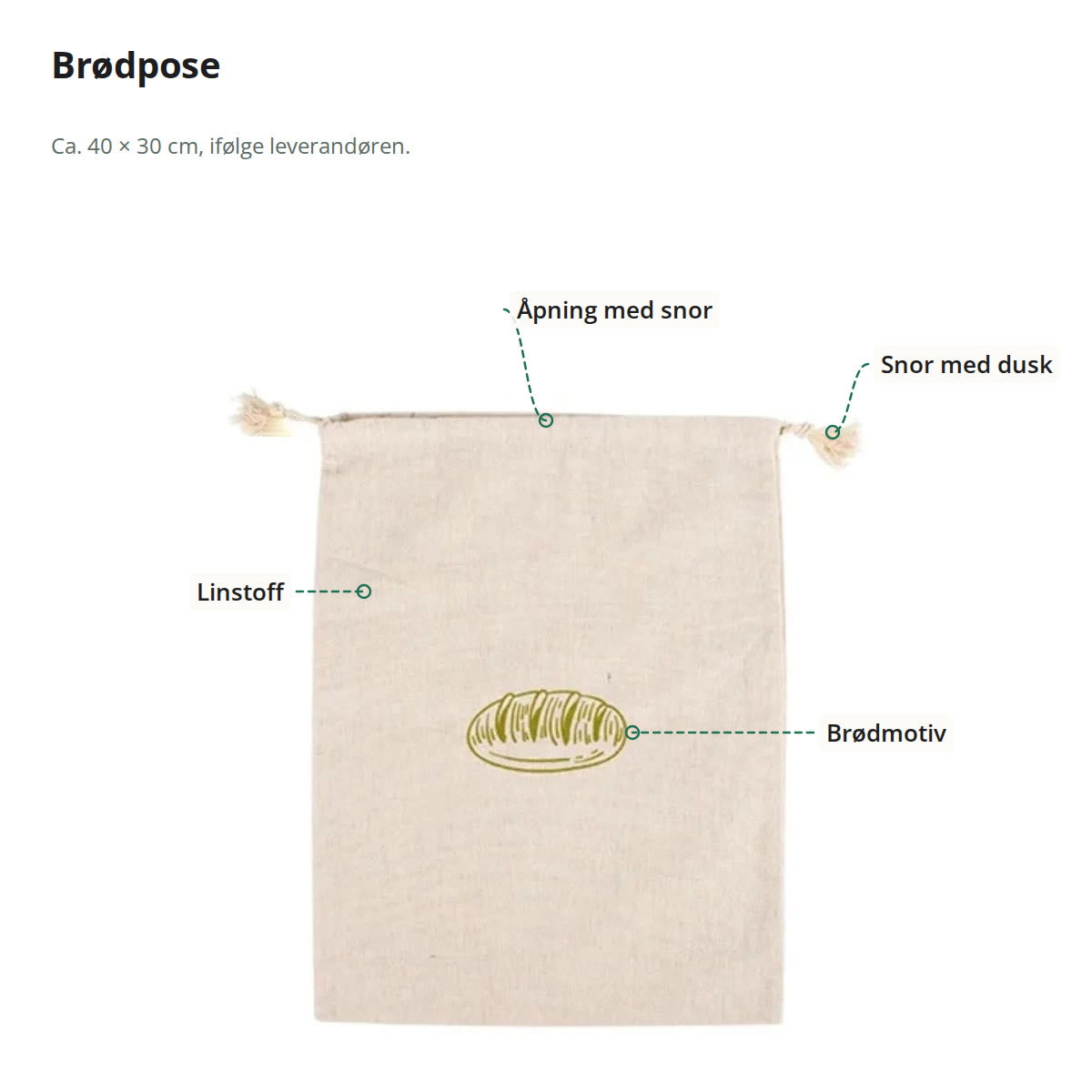 Brødpose merket med snor med dusk, åpning med snor, linstoff og brødmotiv