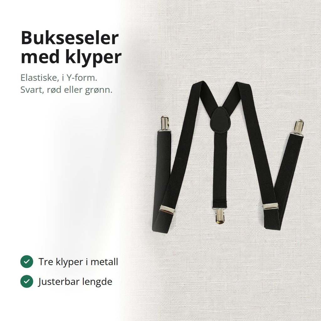 Svarte bukseseler med tre klyper lagt flatt på lin