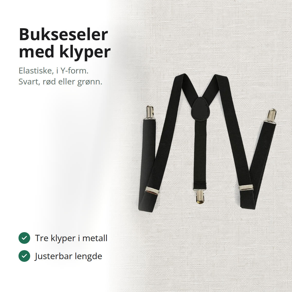 Svarte bukseseler med tre klyper lagt flatt på lin