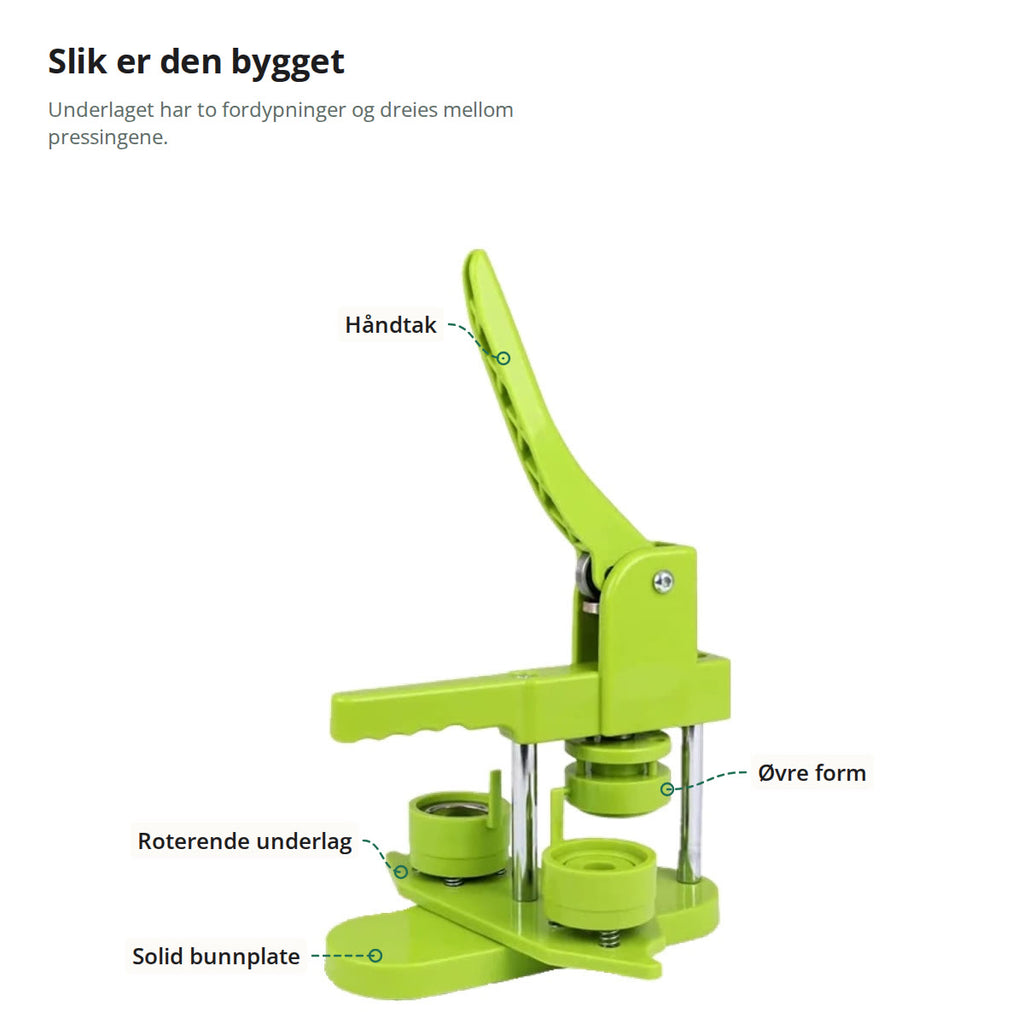 Buttonmaskinen merket med håndtak, øvre form, roterende underlag med to fordypninger og solid bunnplate