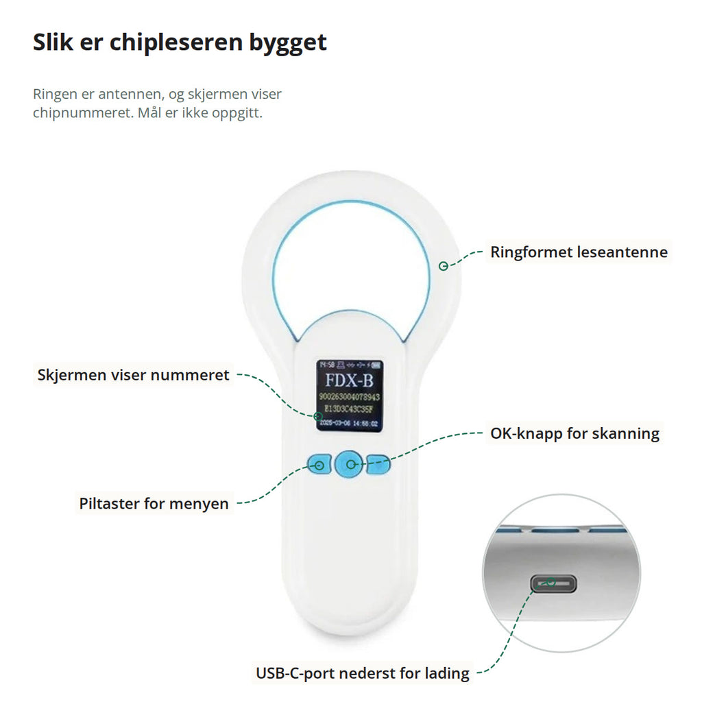 Chipleseren merket med ringformet leseantenne, skjermen som viser nummeret, OK-knapp for skanning, piltaster og USB-C-porten nederst for lading