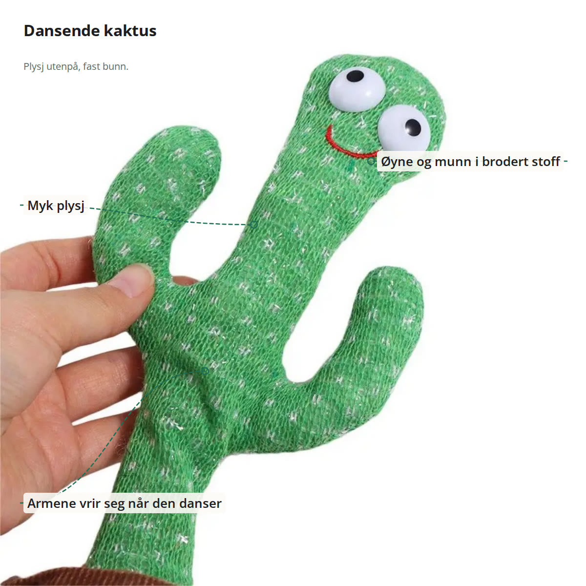Kaktusen merket med myk plysj, brodert ansikt og armer som vrir seg