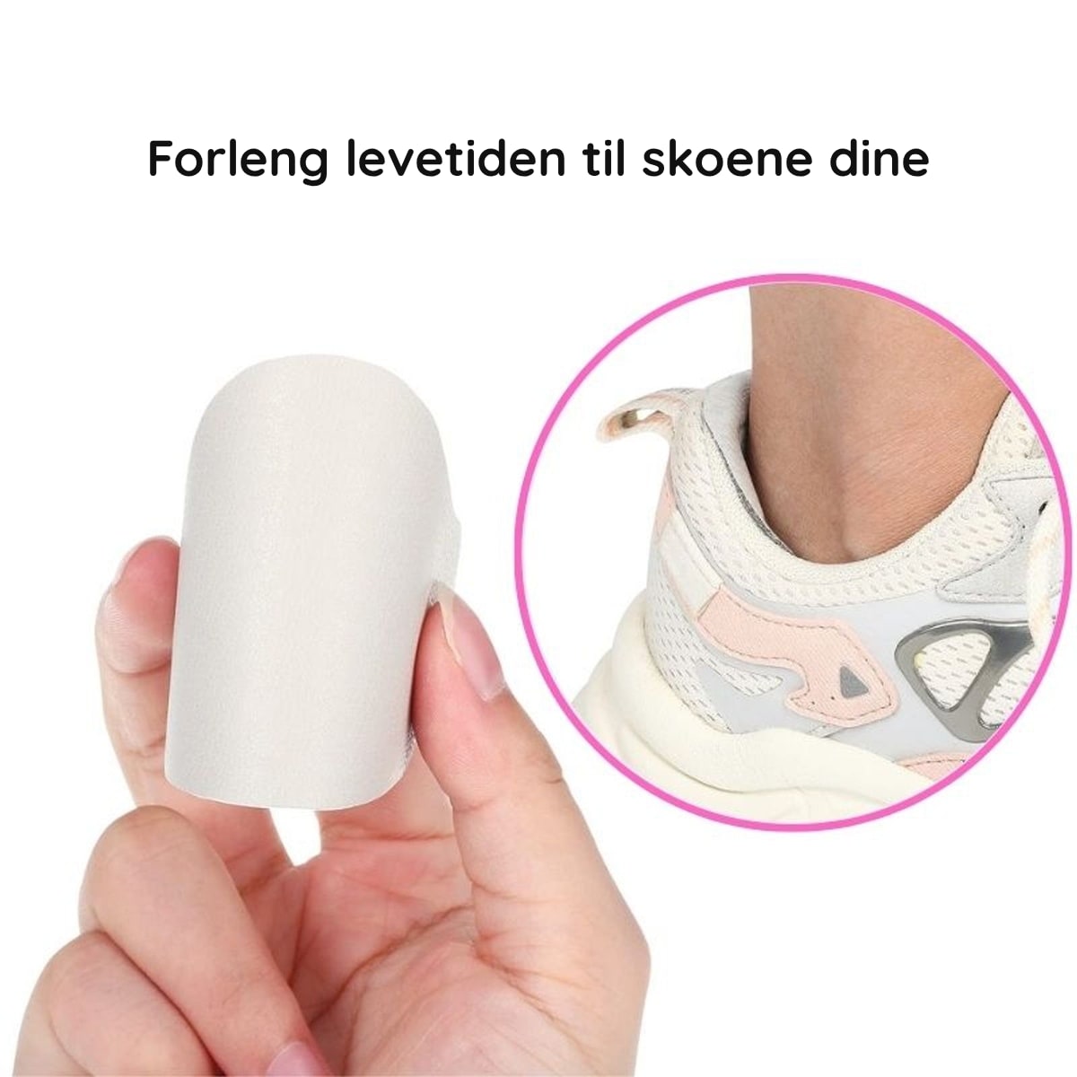Hvit lapp og ferdig reparert hæl