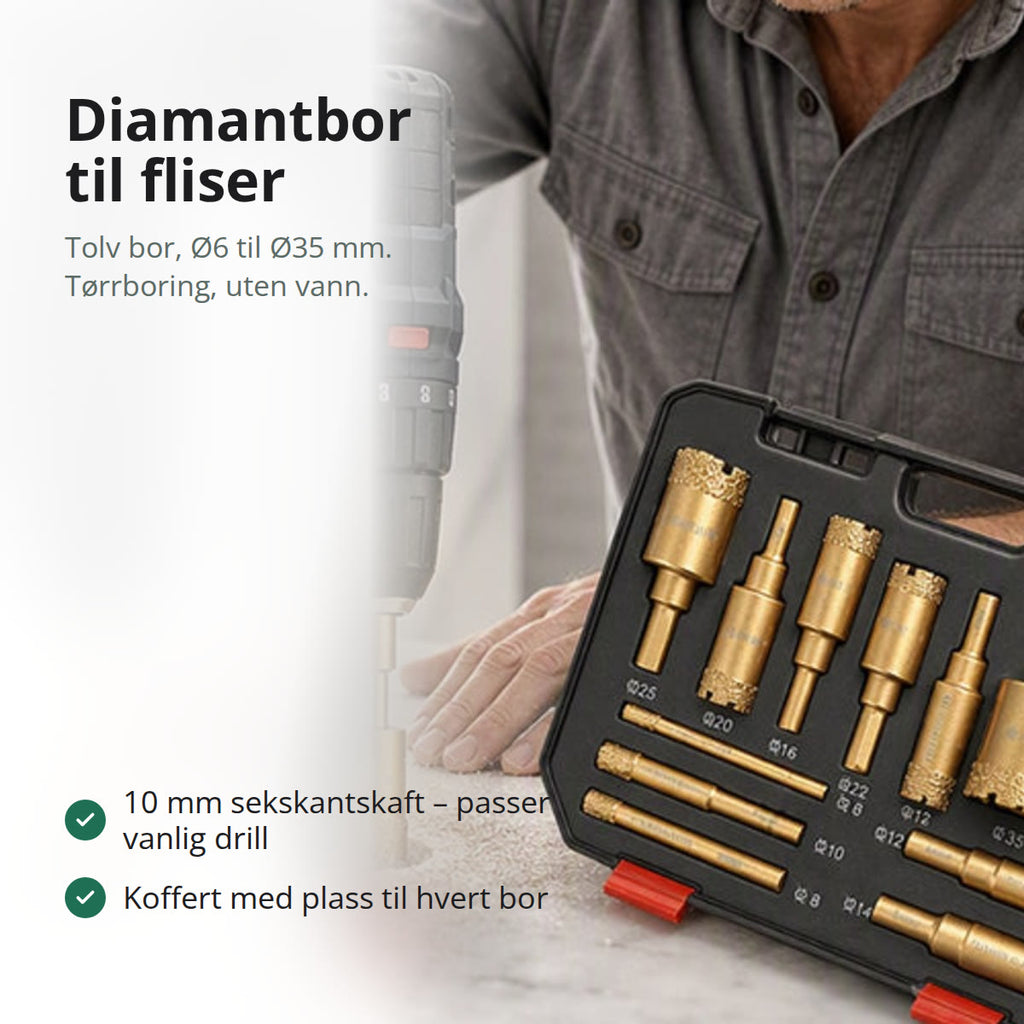 Drill med diamantbor som borer hull i en lys flis, kofferten med borene ved siden av