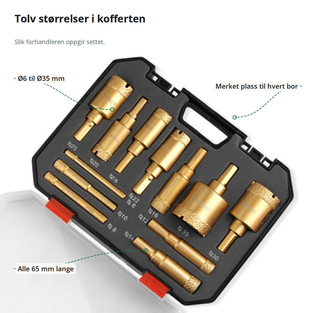 Kofferten merket: bor fra Ø6 til Ø35 mm, alle 65 mm lange, og merket plass til hvert bor