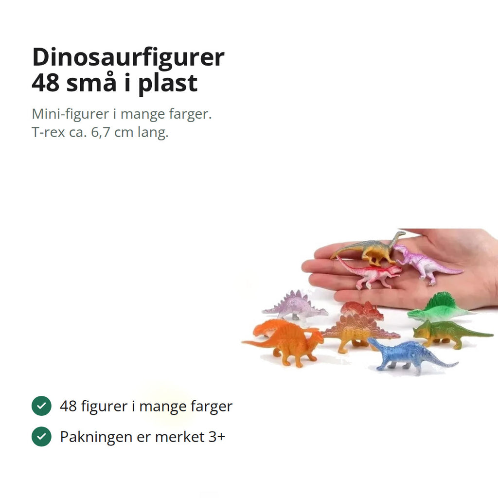 Små dinosaurfigurer i plast: tre i en voksen hånd og sju foran, som viser hvor små figurene er