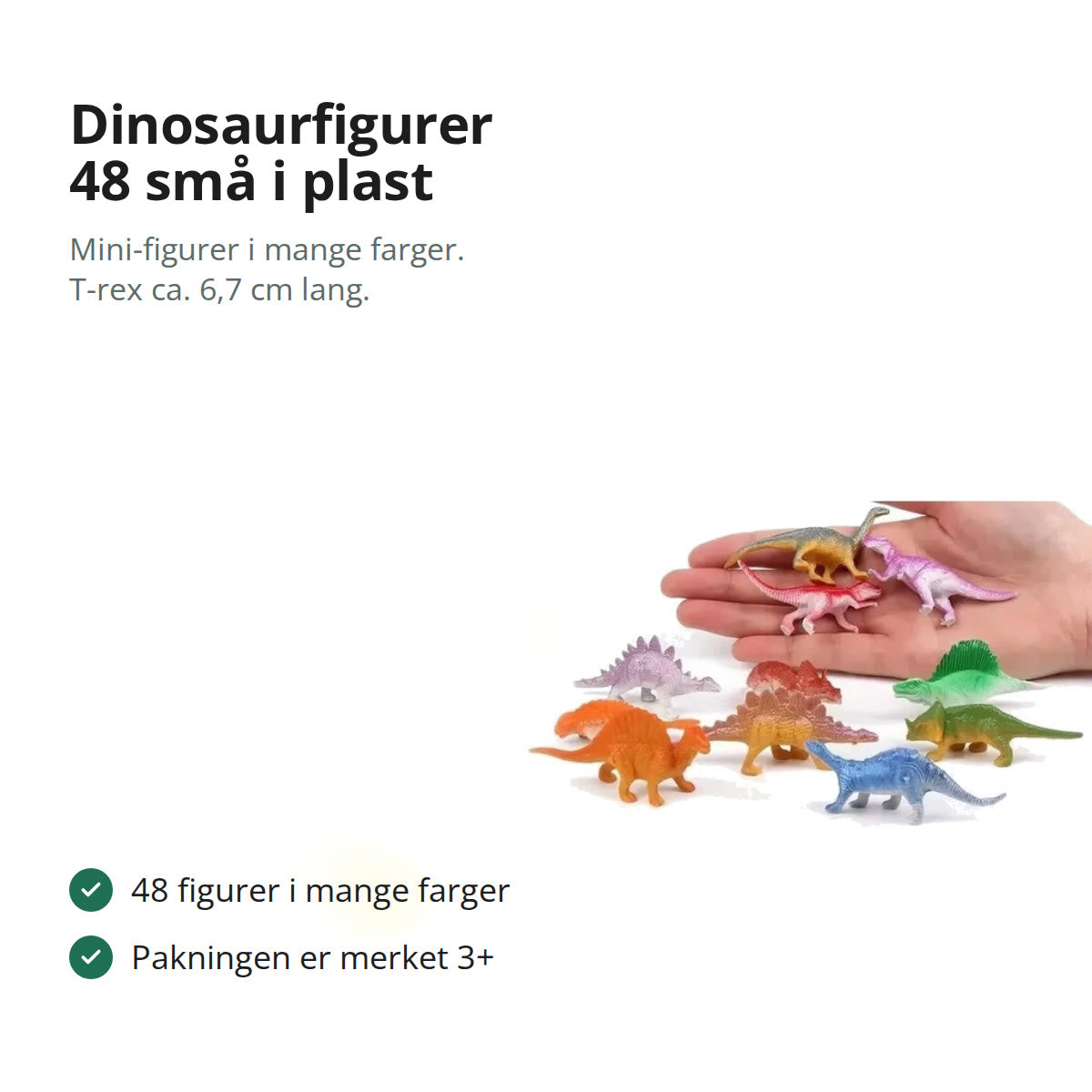 Små dinosaurfigurer i plast: tre i en voksen hånd og sju foran, som viser hvor små figurene er