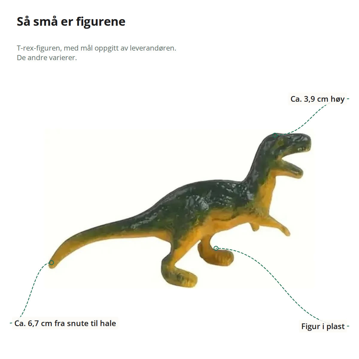 T-rex-figuren fra settet merket med høyde ca. 3,9 cm og lengde ca. 6,7 cm fra snute til hale, figur i plast