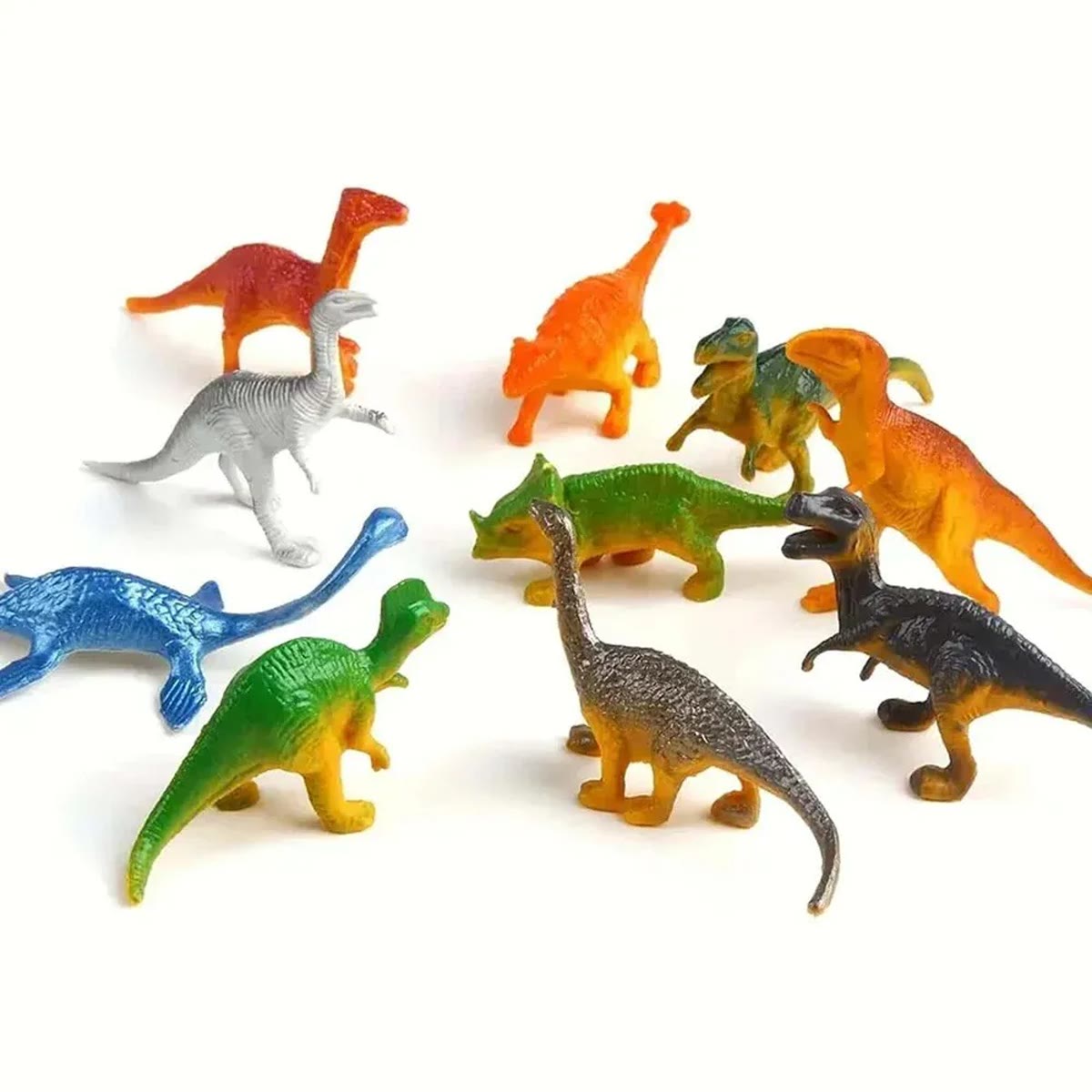 Ti av dinosaurfigurene på hvit bakgrunn, i oransje, grønt, blått, sølvgrått og mørke farger