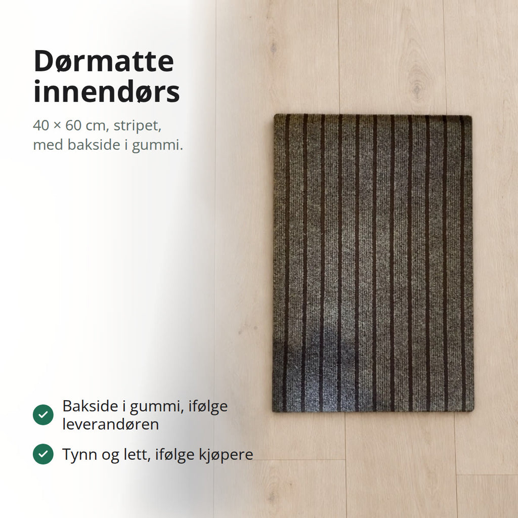 Gråbrun, stripet dørmatte på 40 × 60 cm som ligger på et lyst eikegulv, sett ovenfra
