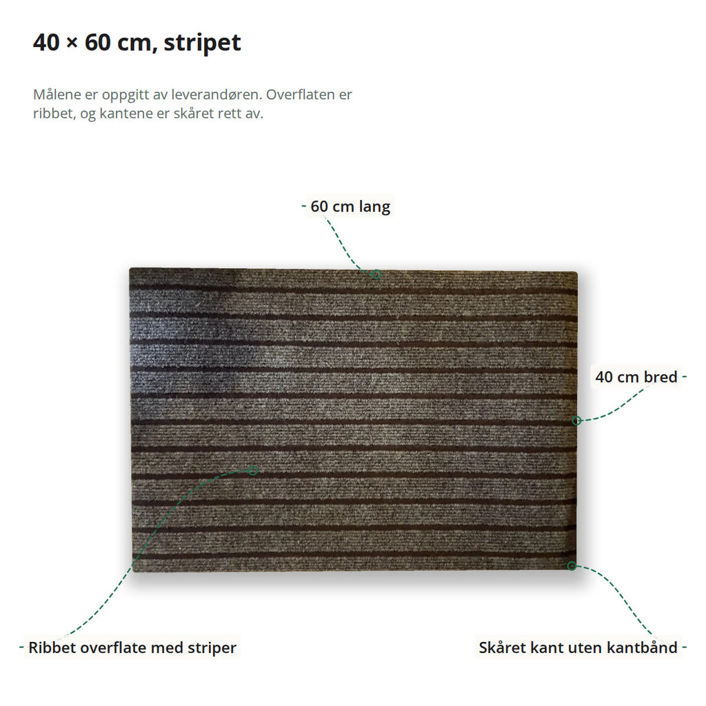 Dørmatten merket med 60 cm lengde, 40 cm bredde, ribbet overflate med striper og skåret kant uten kantbånd