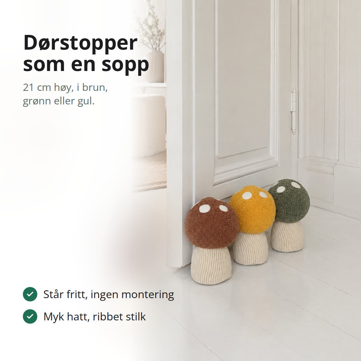 Dørstopper formet som en sopp med brun hatt i bouclélignende stoff og ribbet stilk i lys kord