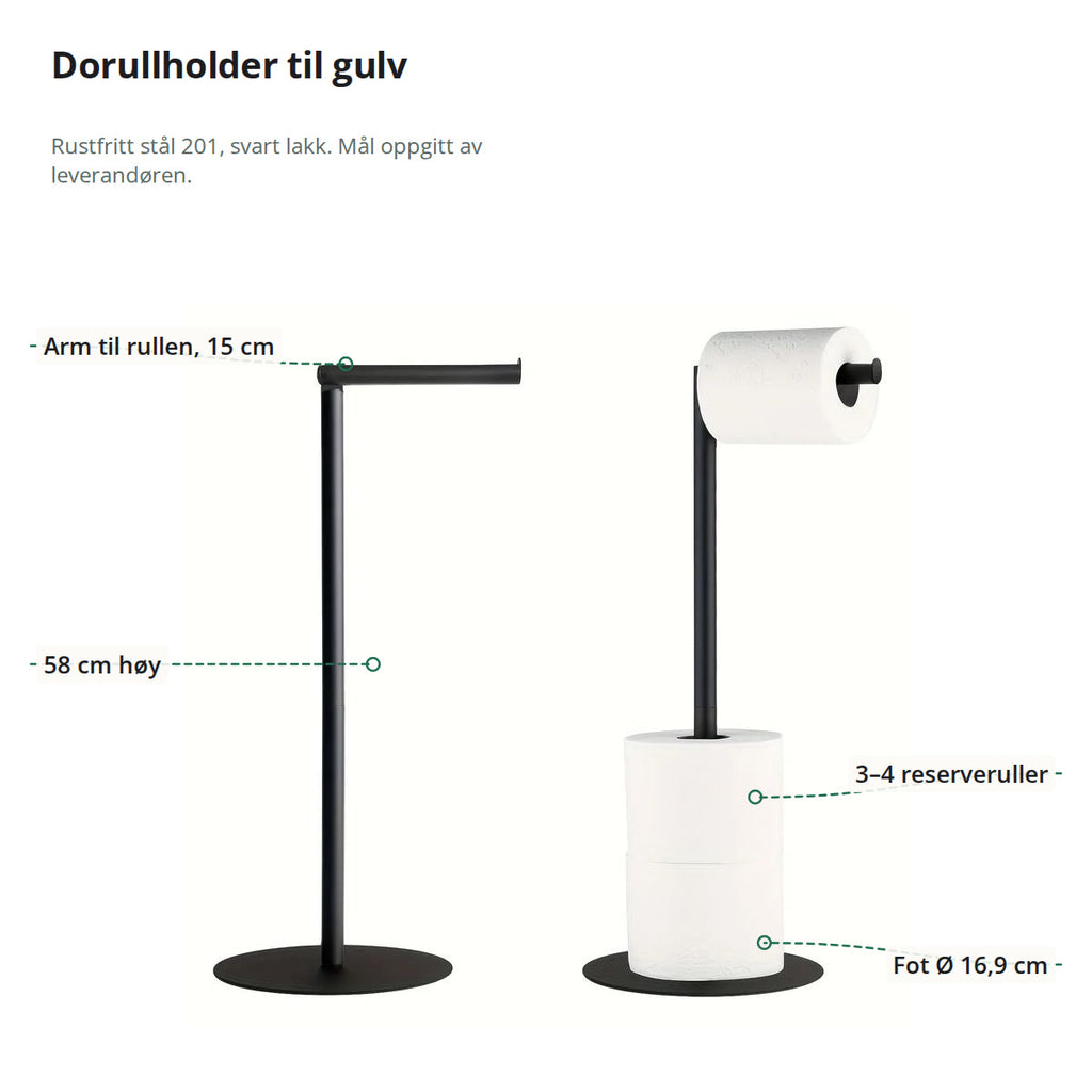 Dorullholderen merket med arm til rullen på 15 cm, 58 cm høyde, plass til 3–4 reserveruller og fot på 16,9 cm