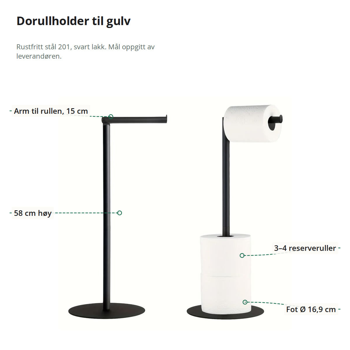 Dorullholderen merket med arm til rullen på 15 cm, 58 cm høyde, plass til 3–4 reserveruller og fot på 16,9 cm