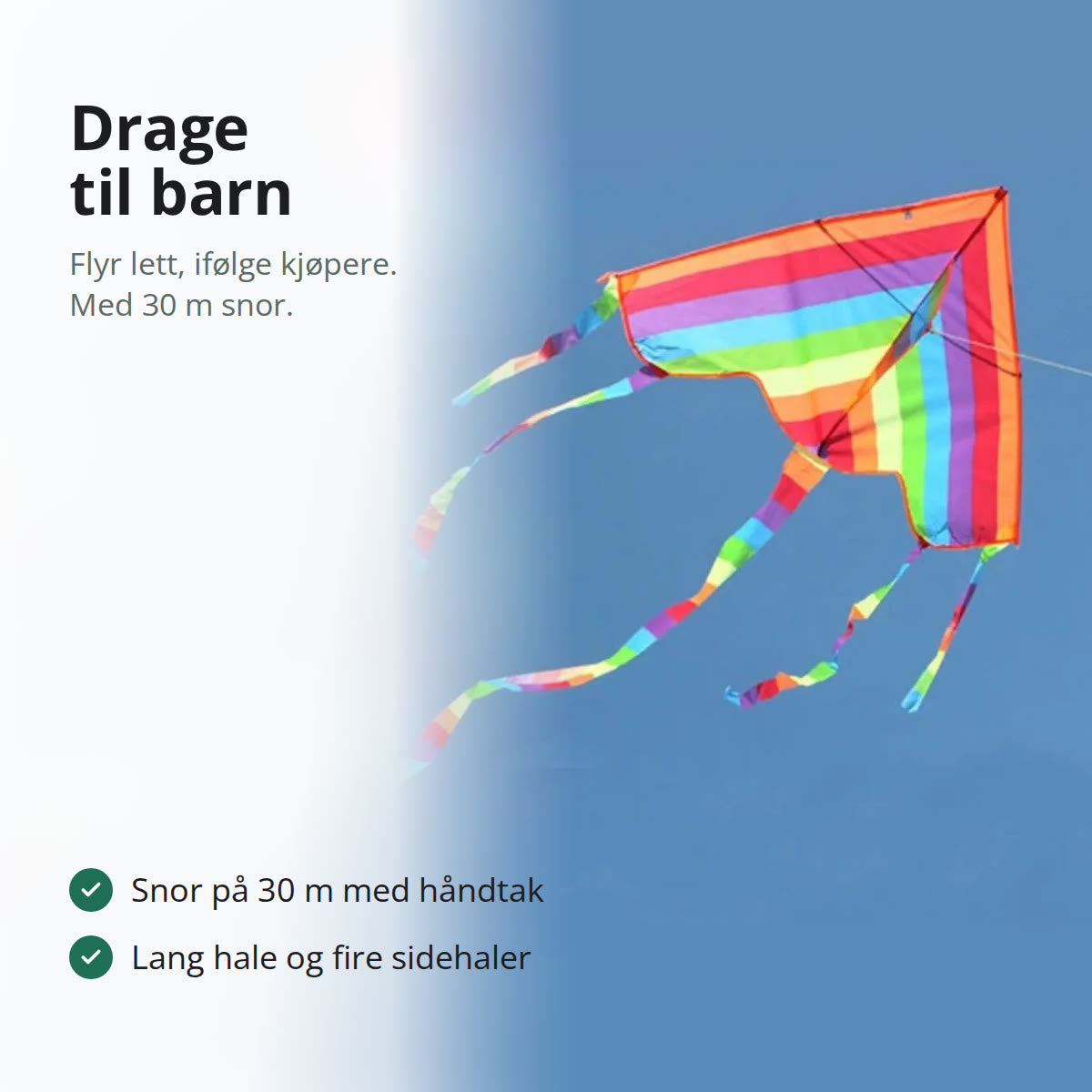 Deltaformet drage i regnbuefarger med lange haler mot blå himmel