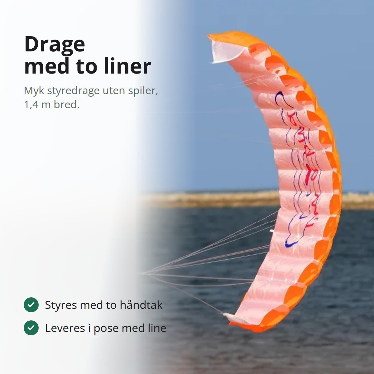 Oransje styredrage uten spiler som flyr lavt over sjøen, med bærelinene samlet i to liner