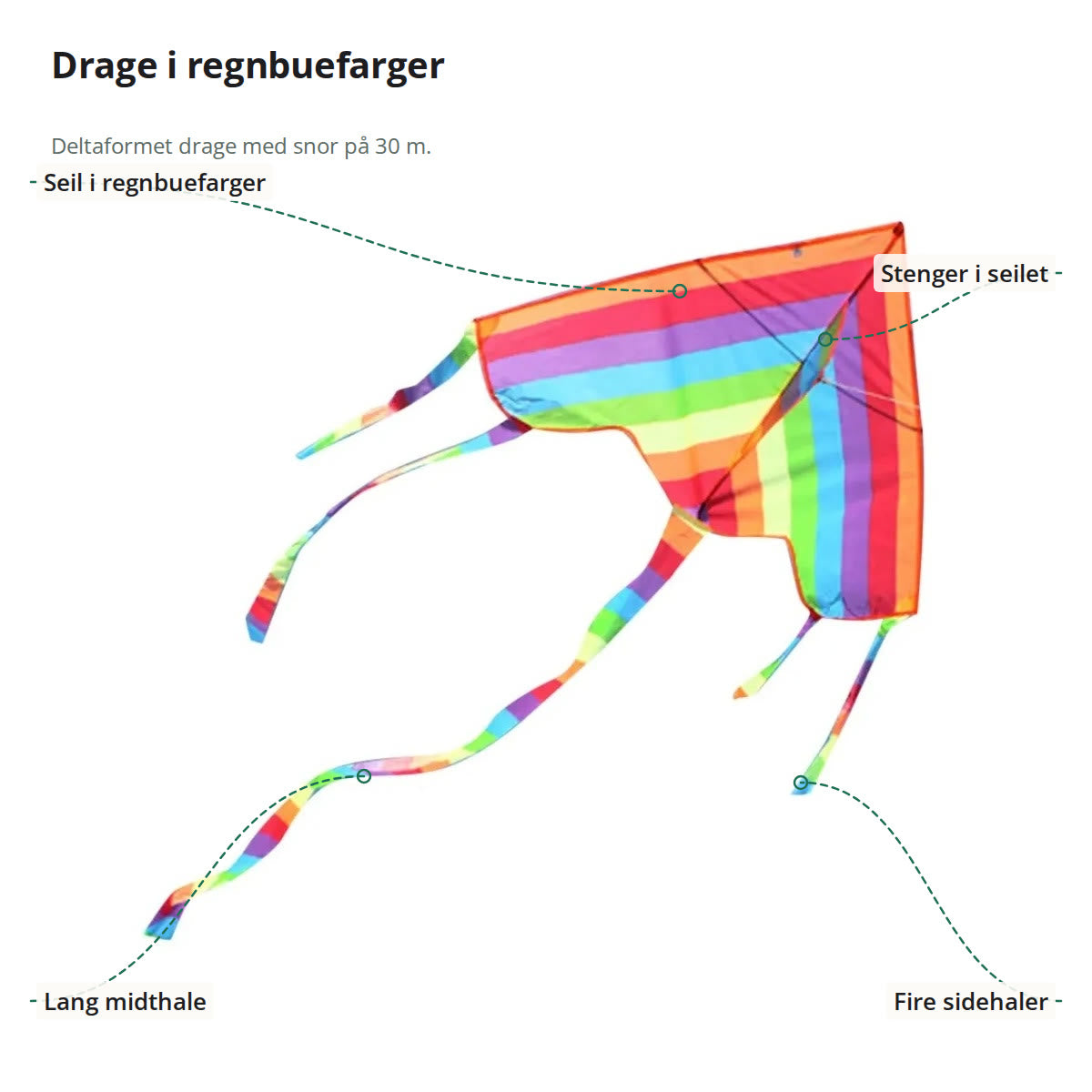 Drage i regnbuefarger merket med stenger i seilet, seil, fire sidehaler og lang midthale