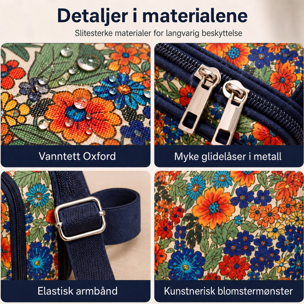 Materialdetaljer: stoff, glidelaaser og armbaand