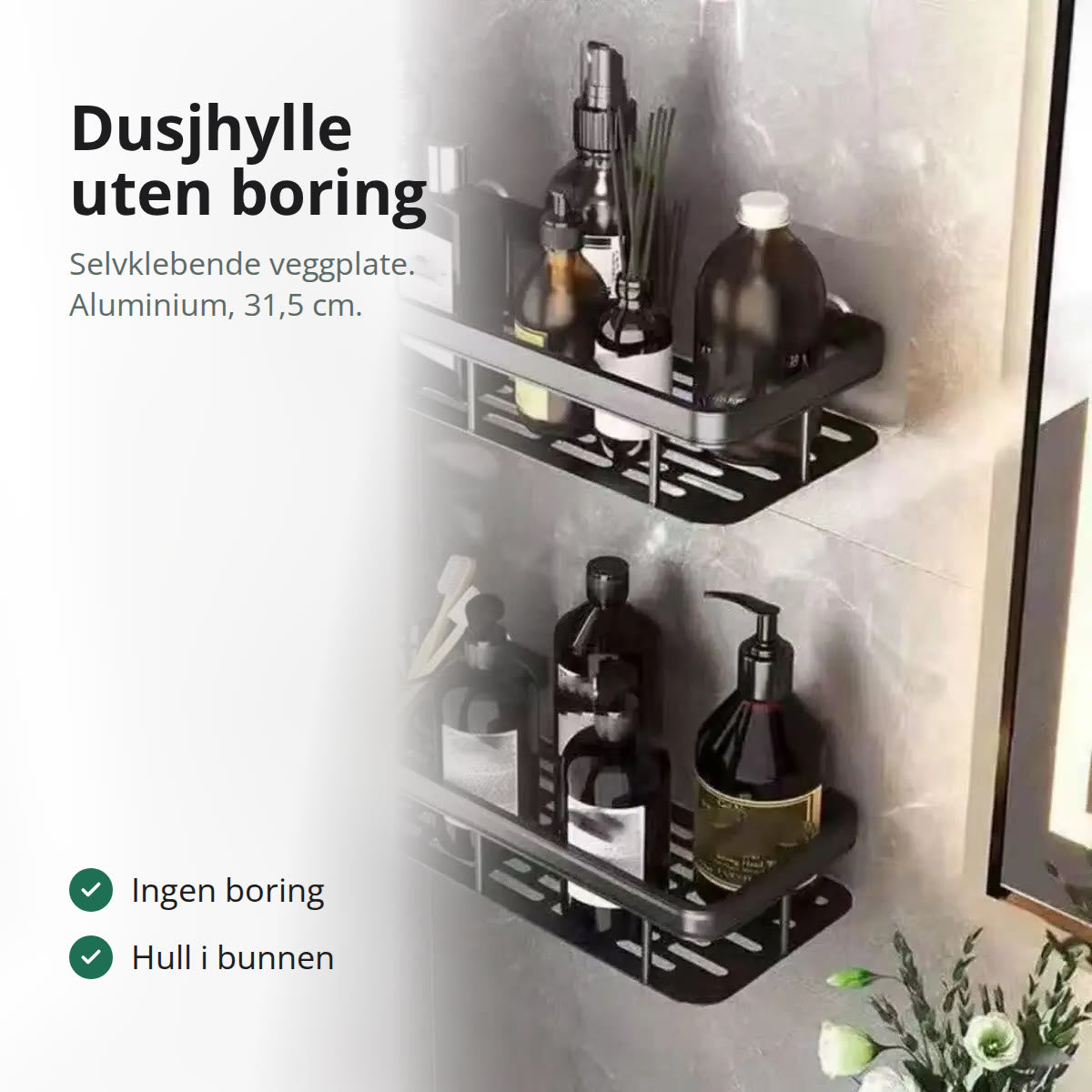 To svarte dusjhyller i aluminium med flasker på en grå marmorvegg