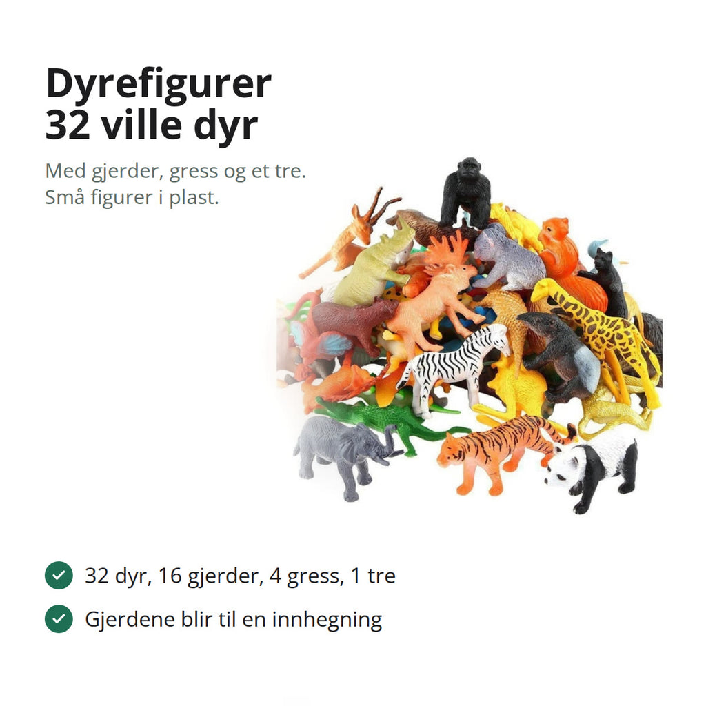 Haug med små ville dyrefigurer i plast, blant annet gorilla, sjiraff, sebra, tiger, elefant og panda