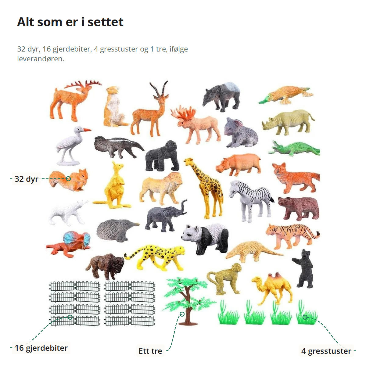 Innholdet i settet merket: 32 dyr, 16 gjerdebiter, 4 gresstuster og ett tre