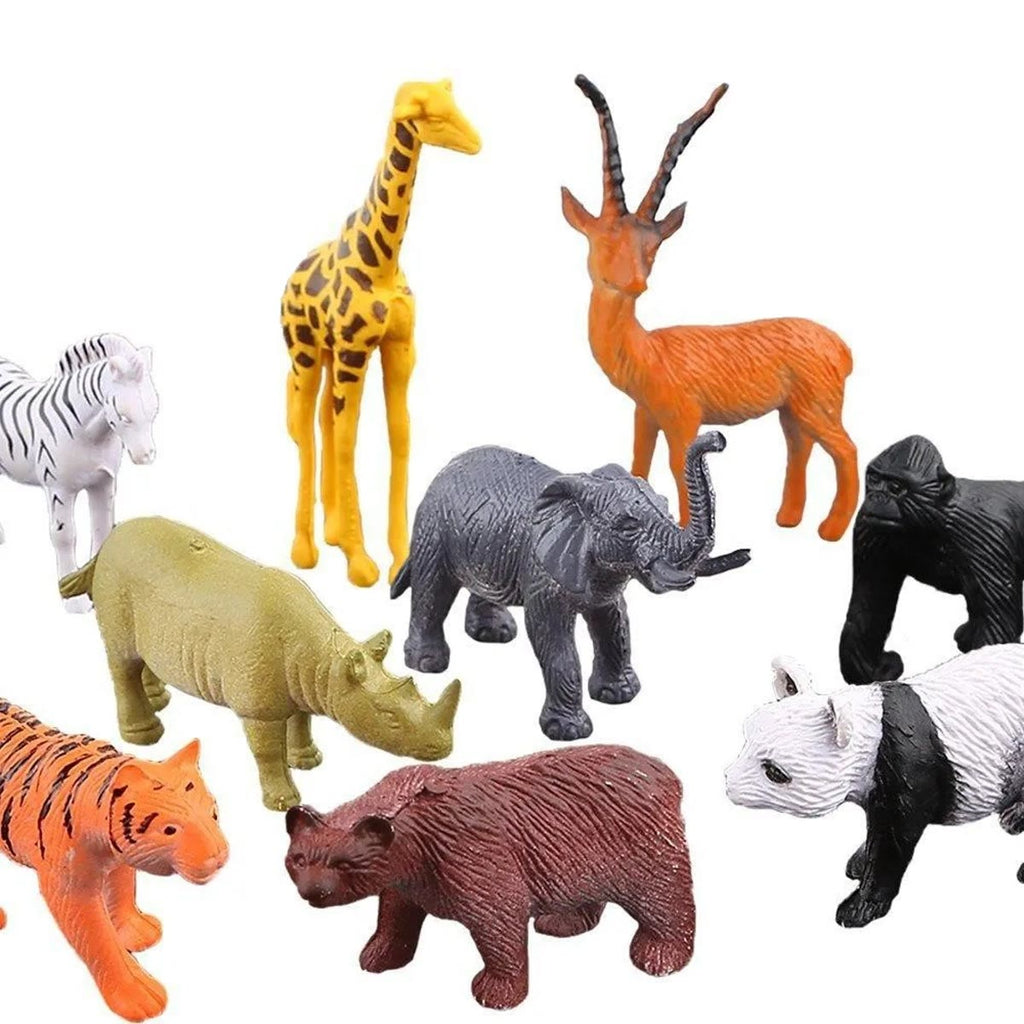Nærbilde av noen av figurene: sjiraff, antilope, sebra, neshorn, elefant, gorilla, tiger, brunbjørn og panda
