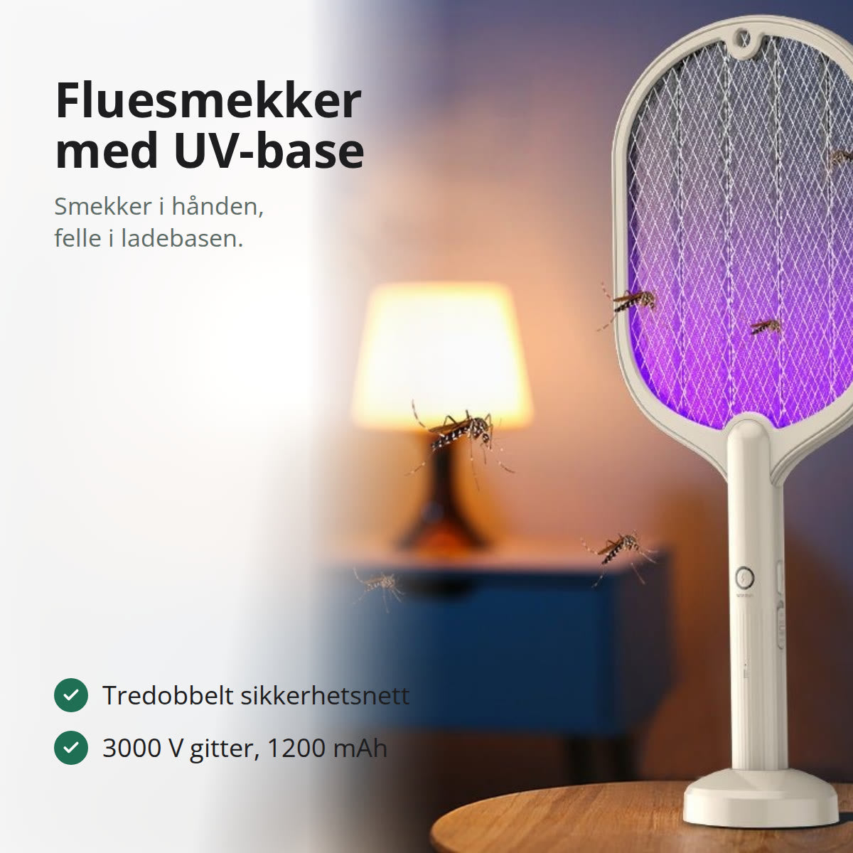 Hvit elektrisk fluesmekker med ovalt nett som står i en rund ladebase med UV-rør