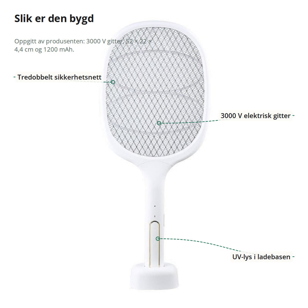 Fluesmekkeren med tredobbelt sikkerhetsnett, elektrisk gitter og UV-lys i ladebasen markert