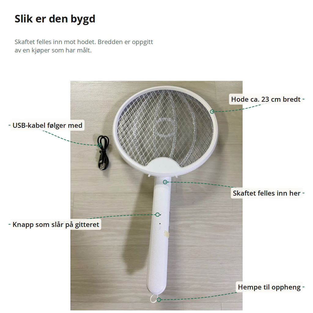 Fluesmekkeren slått ut, merket med hode på ca. 23 cm, leddet der skaftet felles inn, knappen, USB-kabelen og hempen
