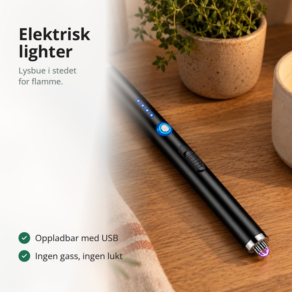 Svart elektrisk lighter på et bord ved siden av tente stearinlys