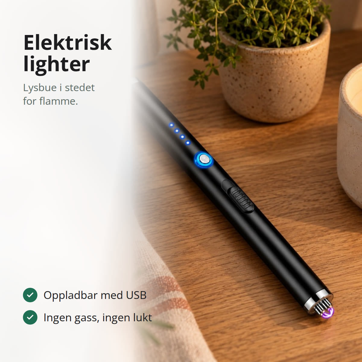 Svart elektrisk lighter på et bord ved siden av tente stearinlys