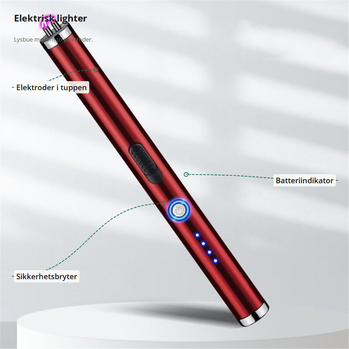 Lighteren merket med elektroder i tuppen, batteriindikator og sikkerhetsbryter