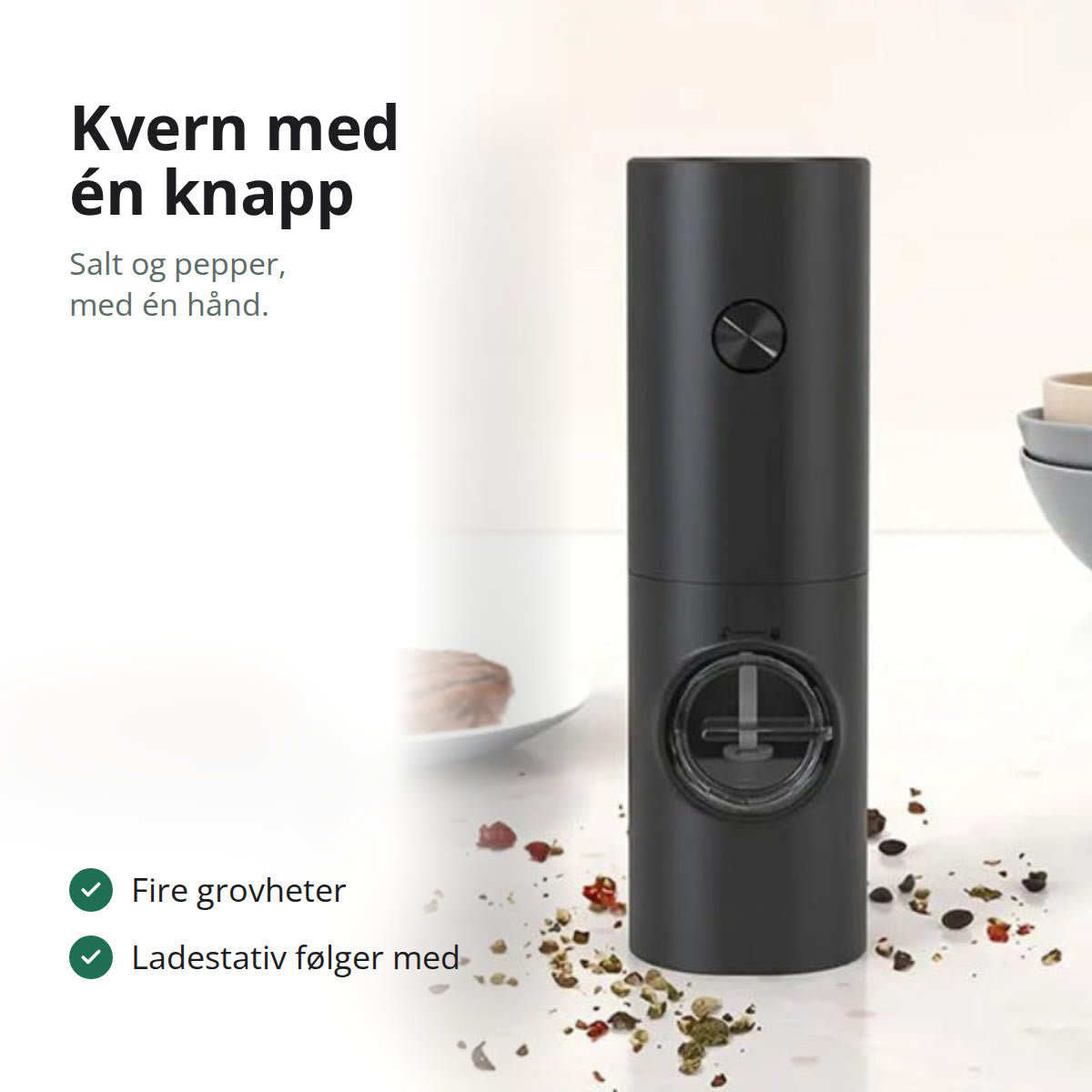 Svart elektrisk pepperkvern på en lys kjøkkenbenk