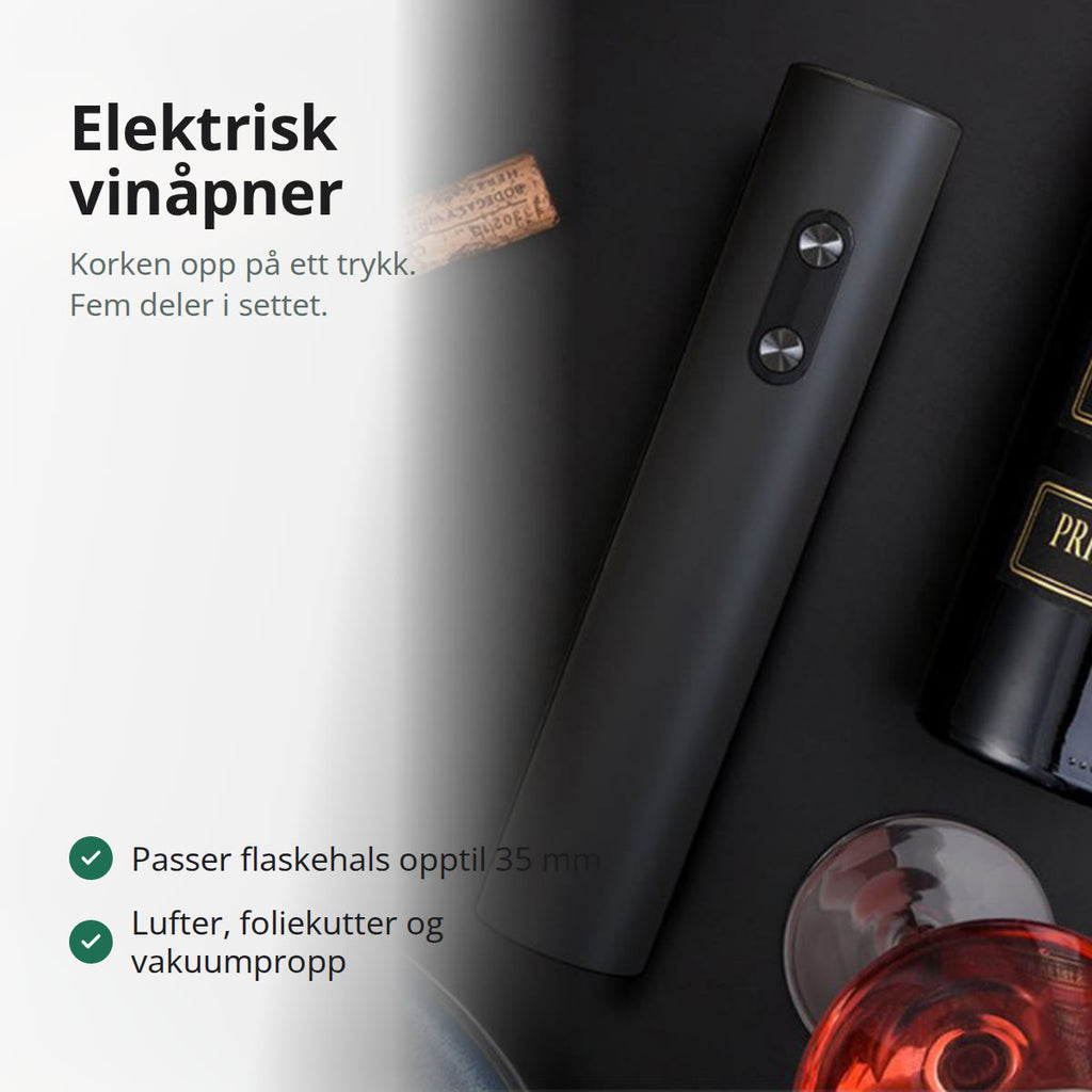 Elektrisk vinåpner liggende ved en vinflaske og to korker på mørk bakgrunn