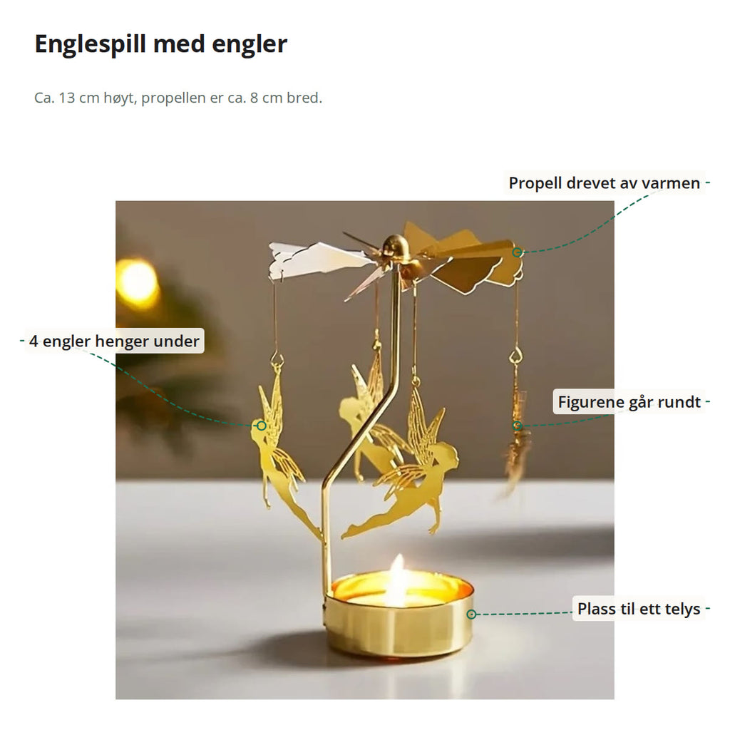 Englespill i gull merket med propell, fire engler, figurer som går rundt og koppen til telyset