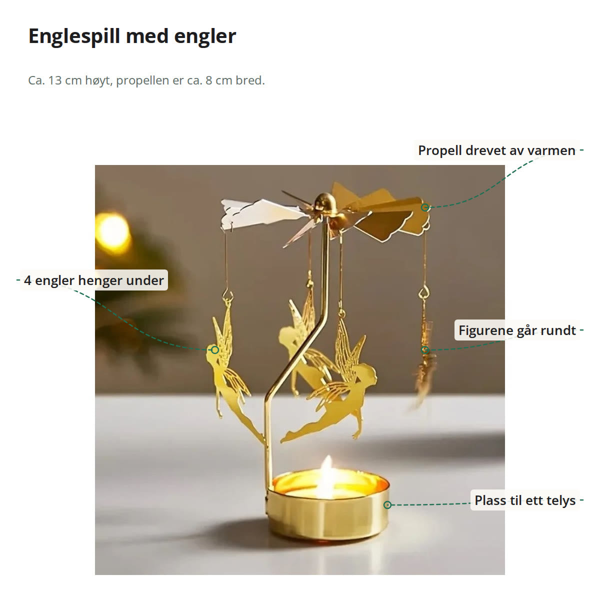 Englespill i gull merket med propell, fire engler, figurer som går rundt og koppen til telyset