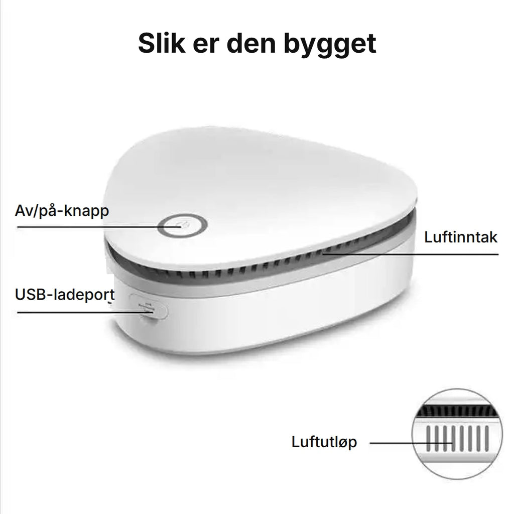 Av/på-knapp, USB-ladeport, luftinntak og luftutløp