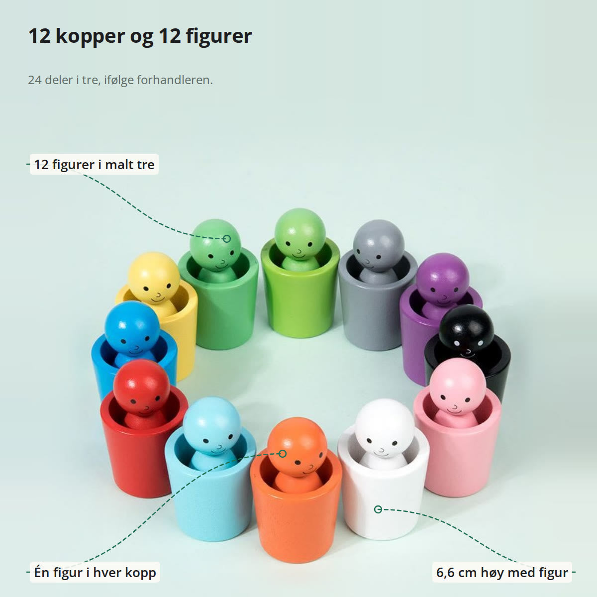 Tolv kopper i en ring med en figur i hver, merket: figurer i malt tre, én figur i hver kopp og 6,6 cm høyde med figur