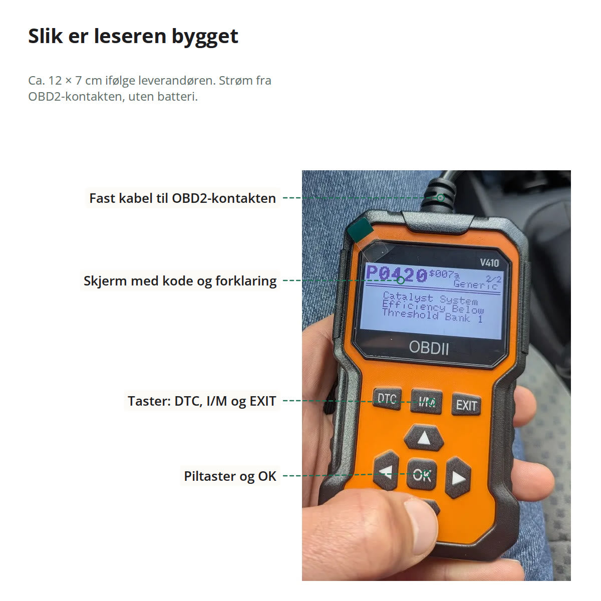 Feilkodeleseren merket med fast kabel til OBD2-kontakten, skjerm med kode og forklaring, tastene DTC, I/M og EXIT, og piltaster med OK