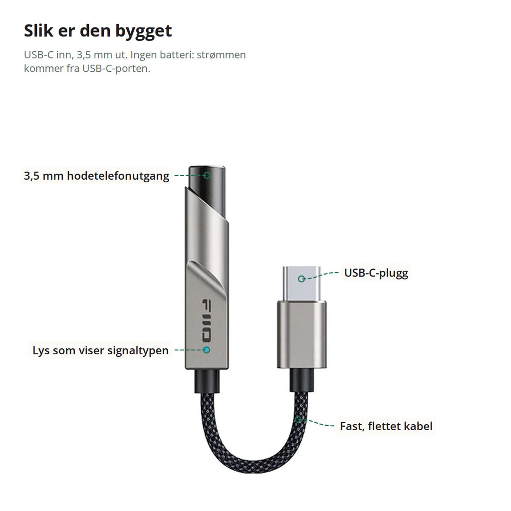 KA11 merket med 3,5 mm hodetelefonutgang, lys som viser signaltypen, USB-C-plugg og fast, flettet kabel