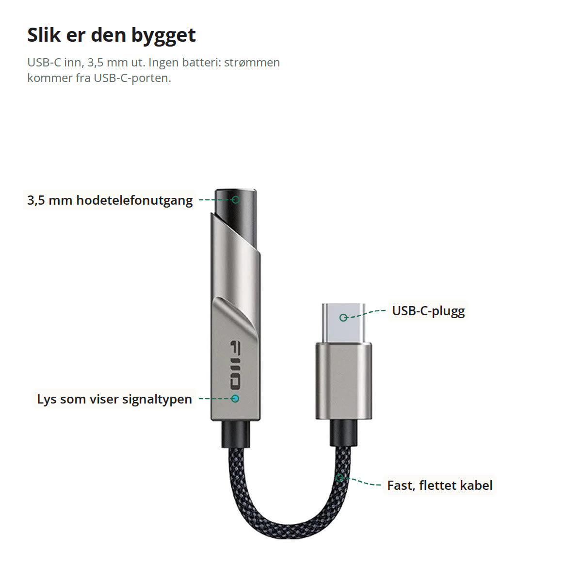 KA11 merket med 3,5 mm hodetelefonutgang, lys som viser signaltypen, USB-C-plugg og fast, flettet kabel