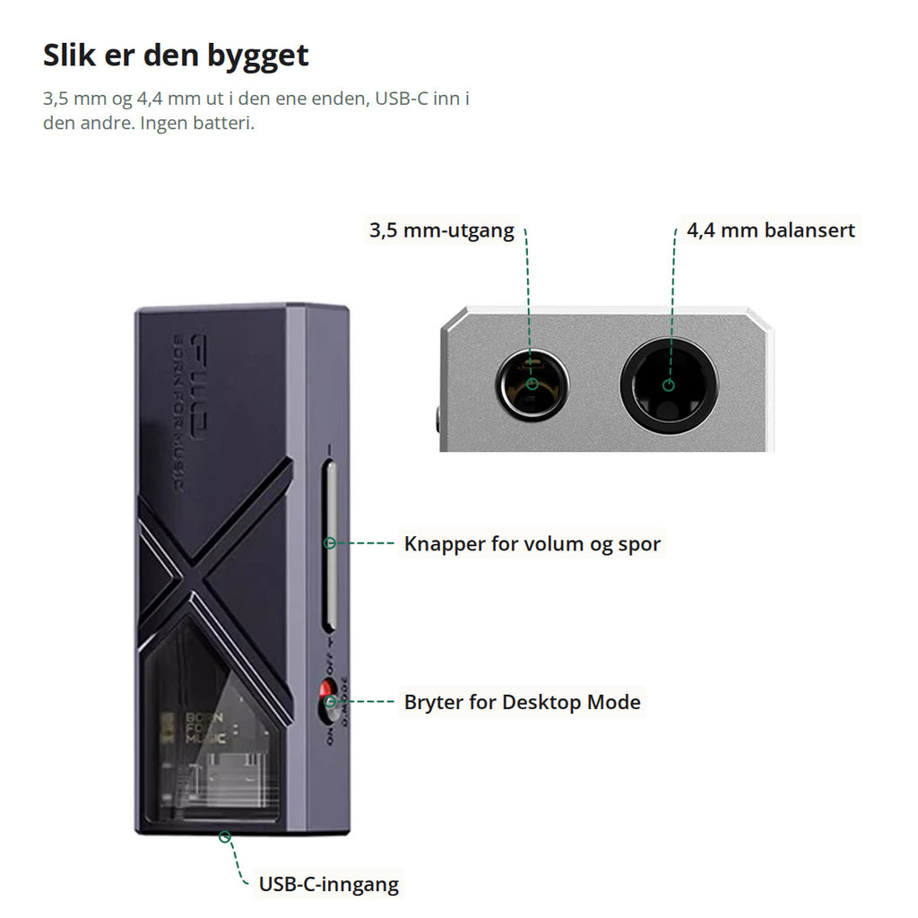 KA13 merket med 3,5 mm-utgang, balansert 4,4 mm-utgang, knapper for volum og spor, bryter for Desktop Mode og USB-C-inngang