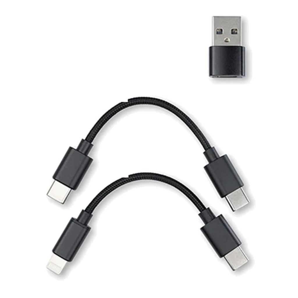 To korte, flettede kabler og en USB-A-adapter på hvit bakgrunn, slik annonsen viser tilbehøret i esken