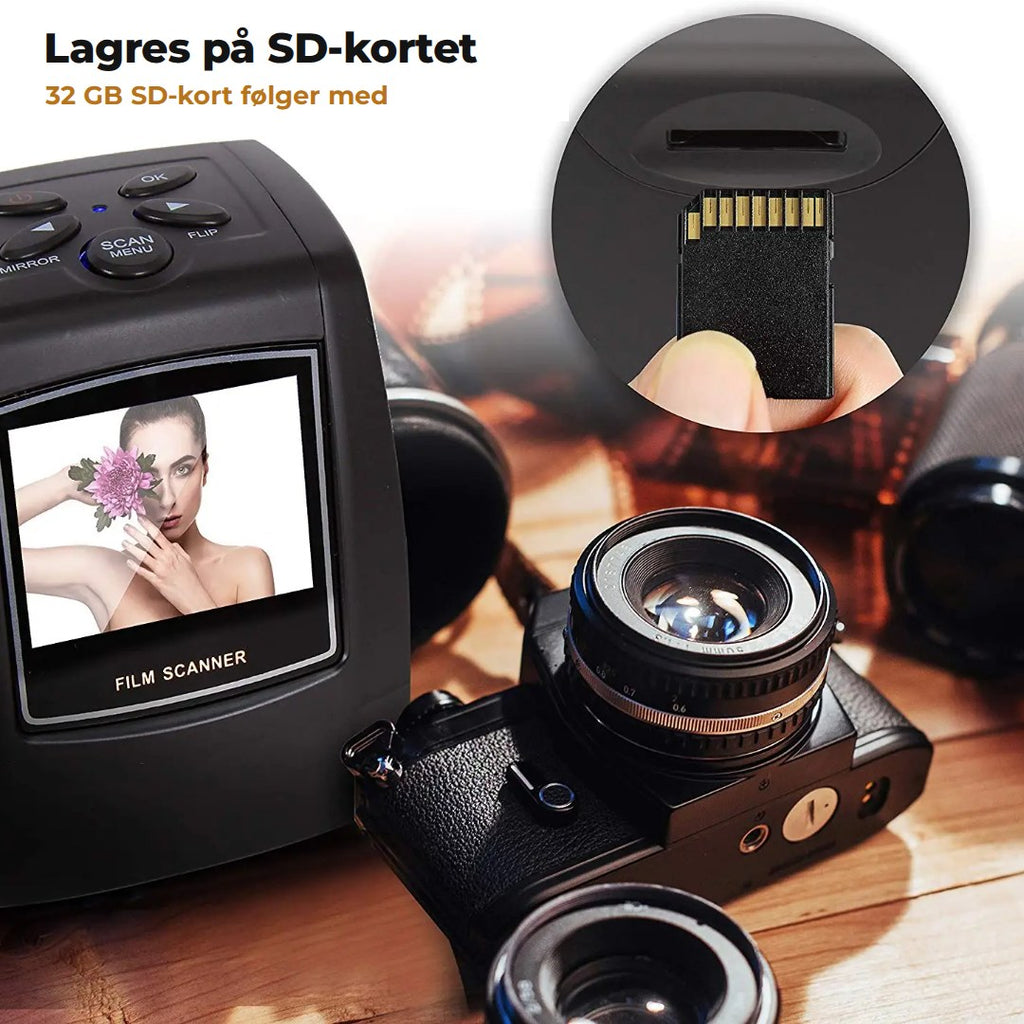 Bildene lagres på SD-kortet, og et SD-kort på 32 GB følger med