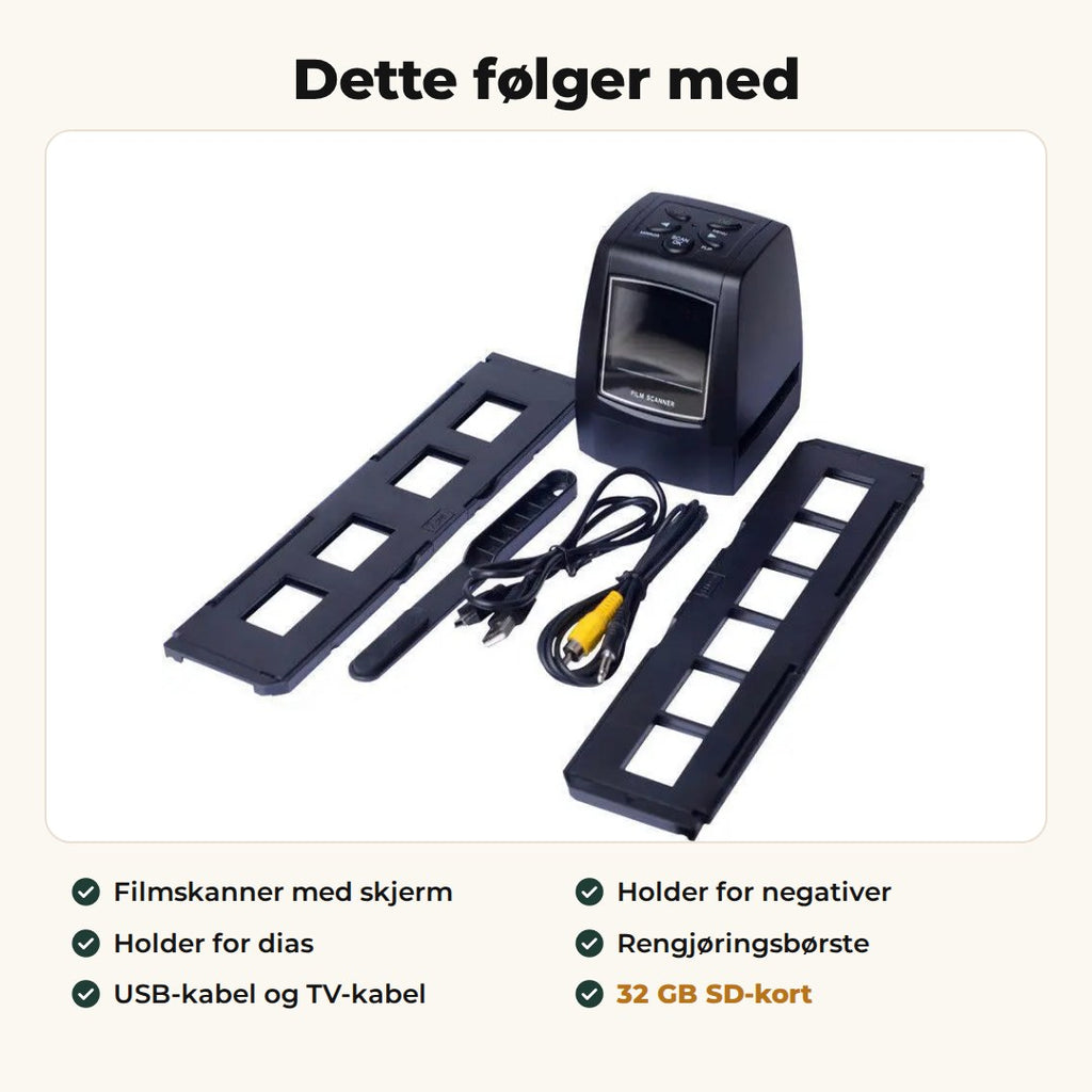 Innholdet i esken: filmskanner, holdere for negativer og dias, USB-kabel, TV-kabel, rengjøringsbørste og SD-kort