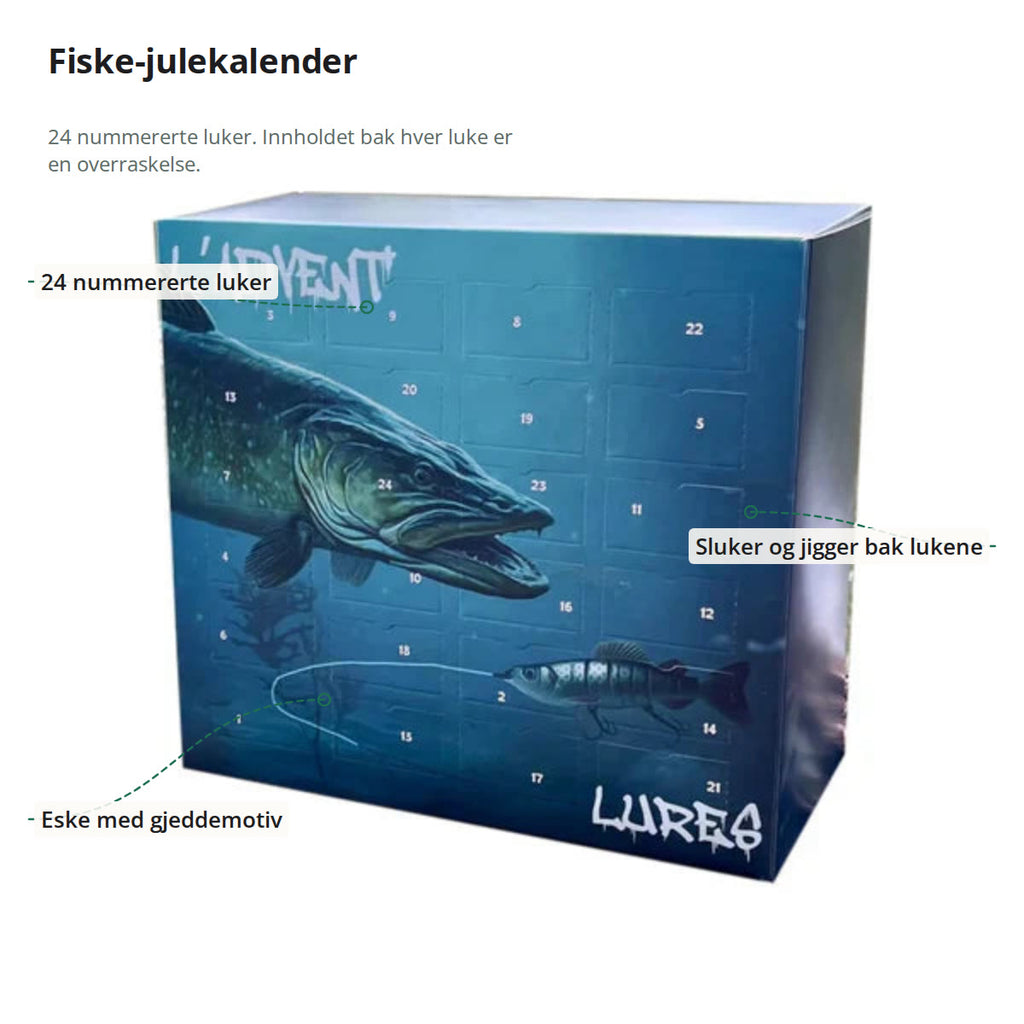Fiske-julekalenderen merket med 24 nummererte luker, sluker og jigger bak lukene og eske med gjeddemotiv